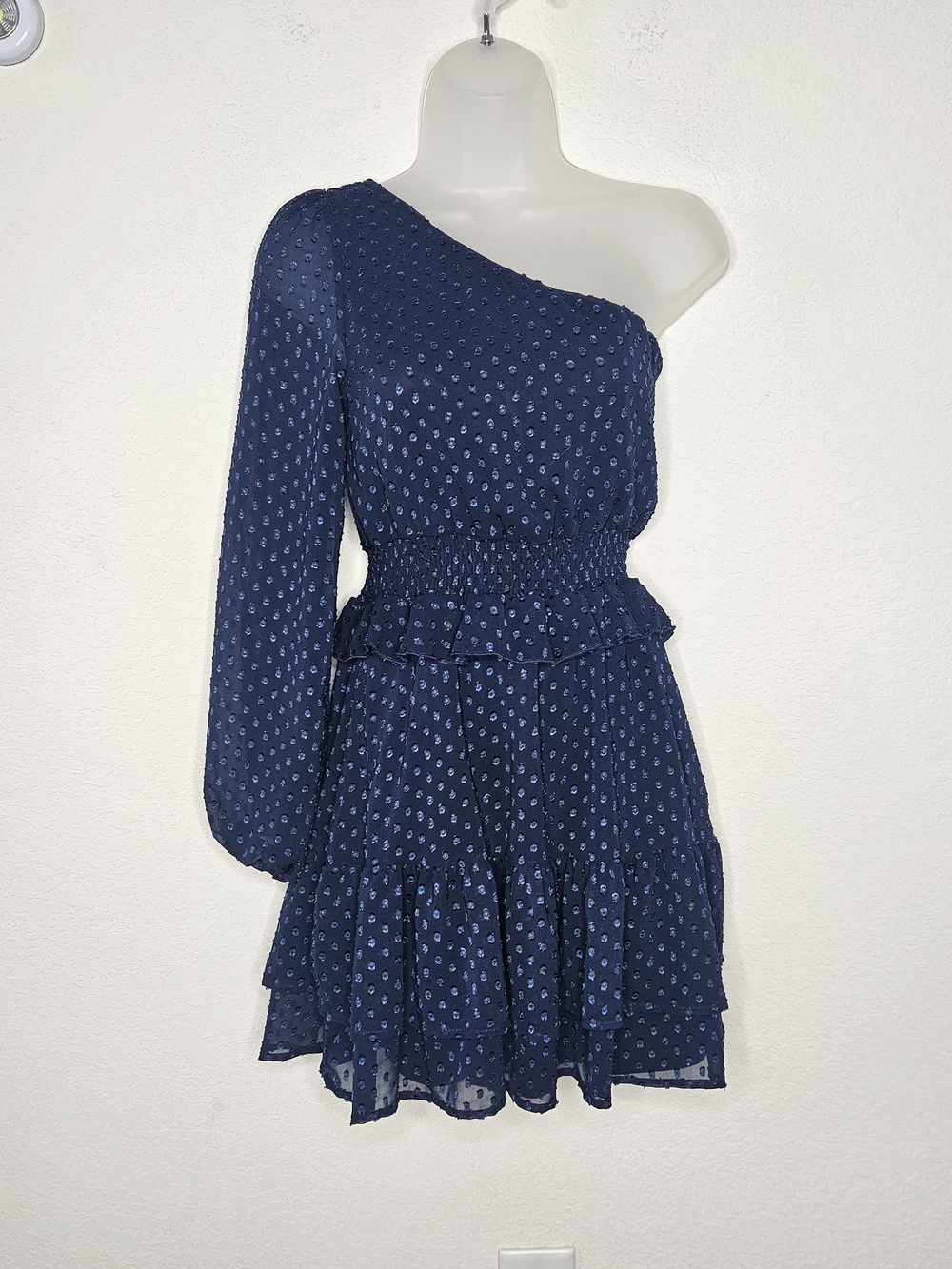 Altar'd State One-Shoulder Navy Swiss Polka Dot Ruffle Tiered Mini Dress Preppy - Picture 1 of 9